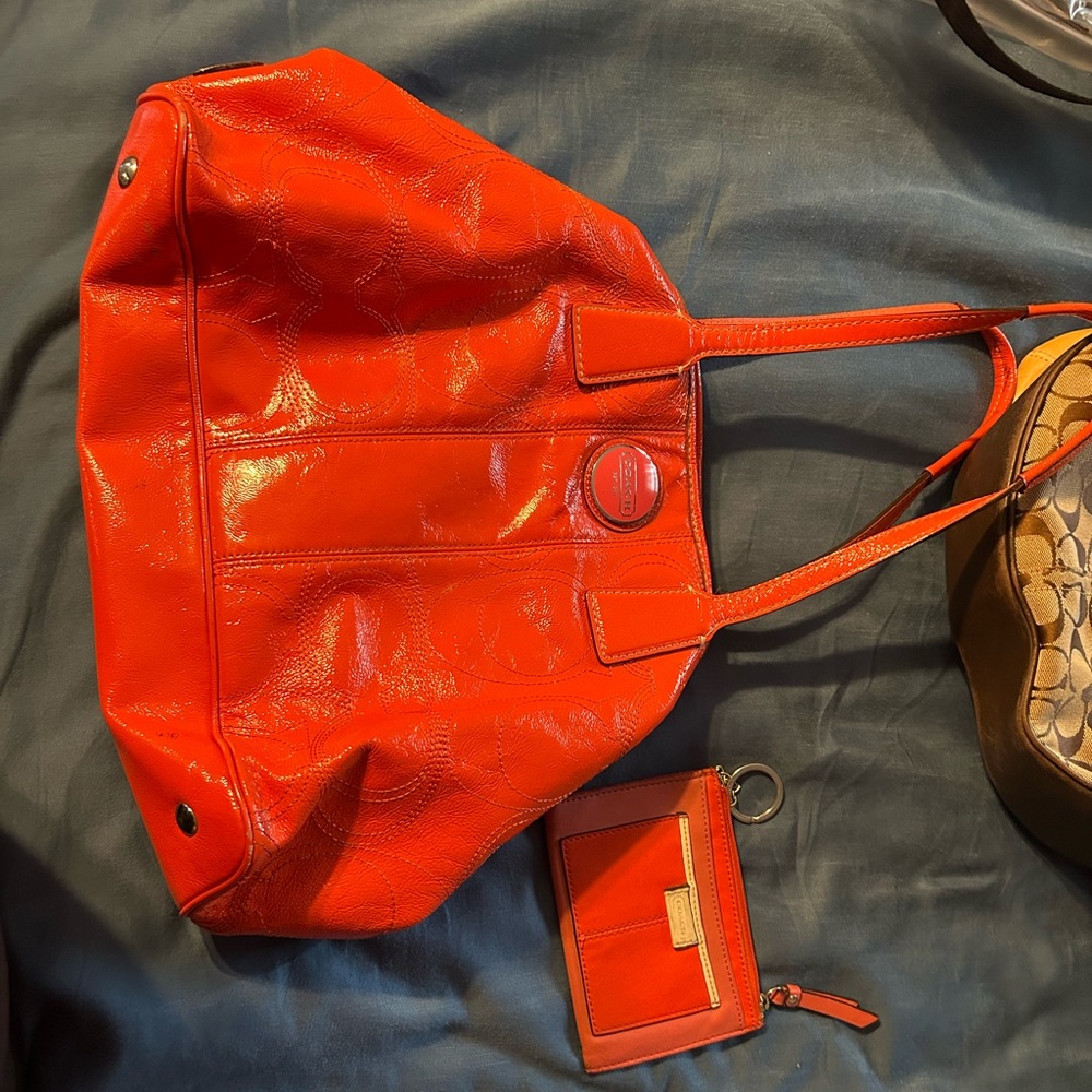 Orange Kisslock coach bag and wallet:keychain